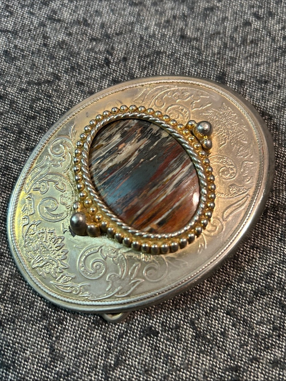 Owyhee picture jasper vintage western belt buckle on silver plated copper.